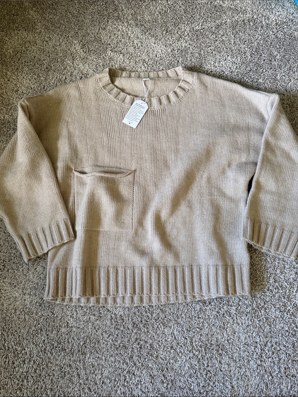 Relaxed Pocket Crewneck Sweater in Beige